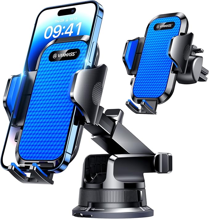 Photo 1 of VANMASS [Pro Version] Universal Car Phone Mount [Super Suction Cup] Dashboard Phone Holder, Handsfree Windshield Dash Vent Phone Holder Car, Compatible for iPhone 17 16 15 14 Samsung LG & Truck,Blue