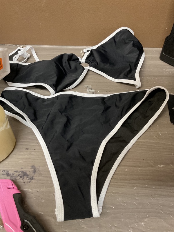 Photo 1 of Fanuerg Women's Triangle Bikini Sets O Ring Linked Two Piece Swimsuits Color Block Cheeky Bathing Suit Black White XL