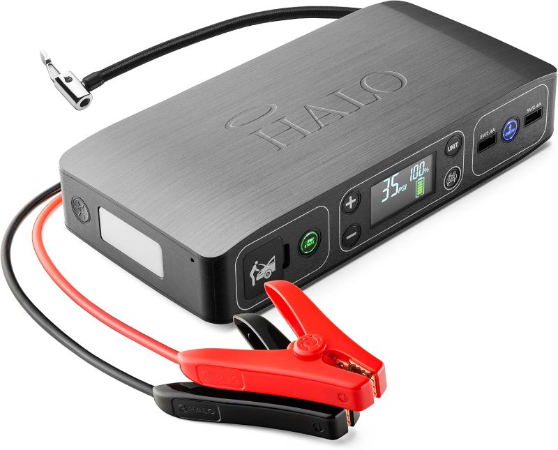 Photo 1 of HALO Bolt Air 58830 Portable Car Battery Jump Starter | 100 PSI Air Compressor, 58.8Wh USB Power Bank, Emergency Floodlight & Charger, Jumps Cars SUVs & Trucks, Inflates Tires, TSA Approved — Gray