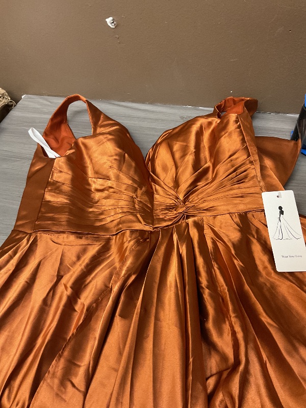 Photo 1 of Sleeveless vintys Womens Satin Bridesmaid Dresses V-Neck A Line Ruffle Satin Formal Evening Party Dress with Pockets for Wedding Guest Burnt Orange 6
