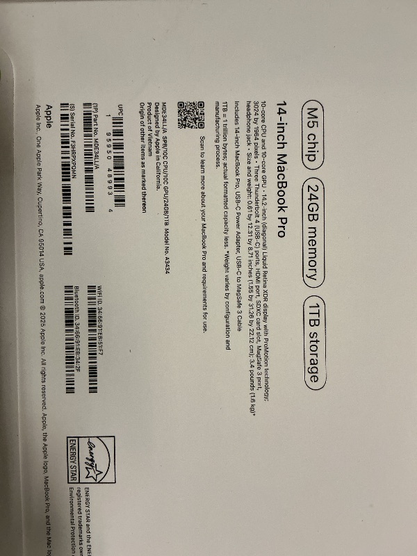 Photo 1 of Apple 2025 MacBook Pro Laptop with M5 chip with 10?core CPU and 10?core GPU: Built for Apple Intelligence, 14.2-inch Liquid Retina XDR Display, 24GB Unified Memory, 1TB SSD Storage; Space Black