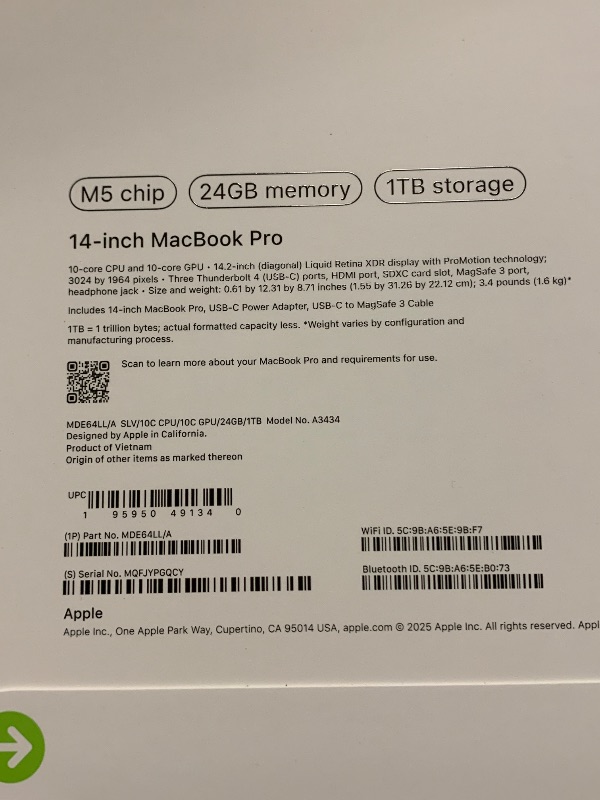 Photo 1 of Apple 2025 MacBook Pro Laptop with M5 chip with 10?core CPU and 10?core GPU: Built for Apple Intelligence, 14.2-inch Liquid Retina XDR Display, 24GB Unified Memory, 1TB SSD Storage; Silver