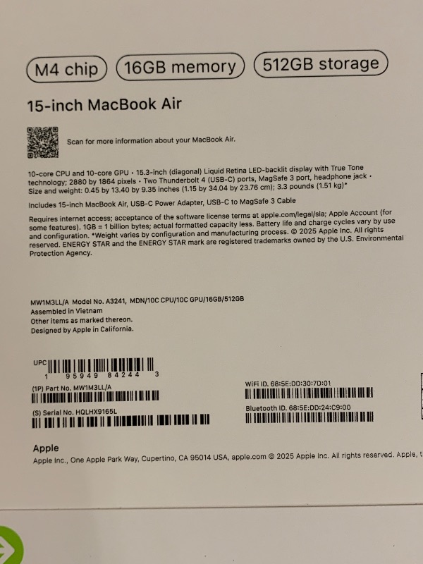 Photo 1 of Apple 2025 MacBook Air 15-inch Laptop with M4 chip: Built for Apple Intelligence, 15.3-inch Liquid Retina Display, 16GB Unified Memory, 512GB SSD Storage, 12MP Center Stage Camera, Touch ID; Midnight