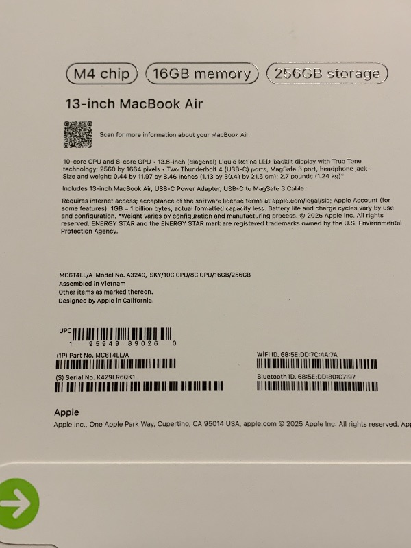 Photo 1 of Apple 2025 MacBook Air 13-inch Laptop with M4 chip: Built for Apple Intelligence, 13.6-inch Liquid Retina Display, 16GB Unified Memory, 256GB SSD Storage, 12MP Center Stage Camera, Touch ID; Sky Blue