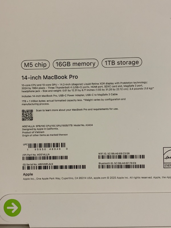 Photo 1 of Apple 2025 MacBook Pro Laptop with M5 chip with 10?core CPU and 10?core GPU: Built for Apple Intelligence, 14.2-inch Liquid Retina XDR Display, 16GB Unified Memory, 1TB SSD Storage; Space Black