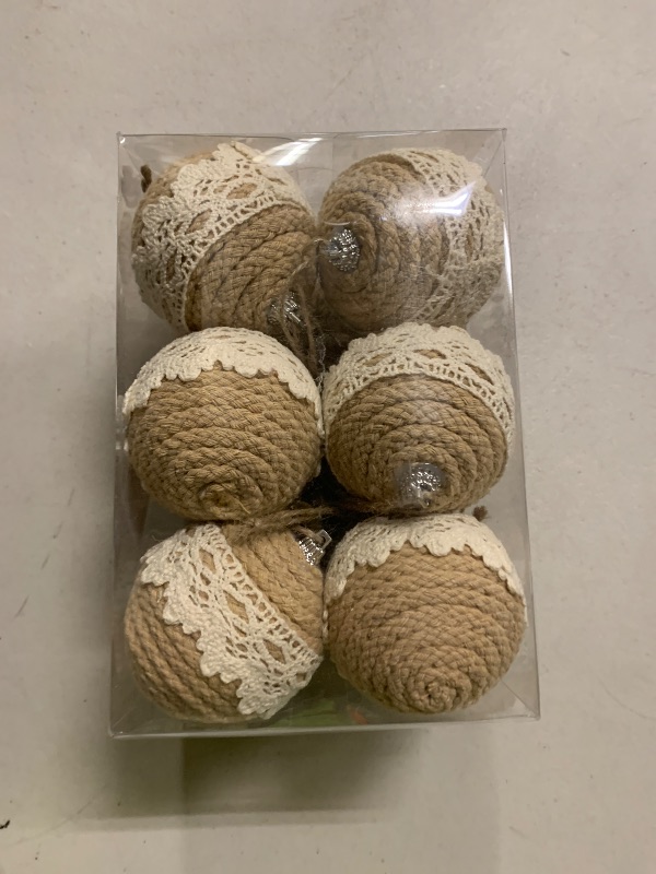 Photo 1 of 12 Pcs Boho Christmas Balls Ornament, 2.36 Inch Lace Burlap Farmhouse Jute Rope Hanging Balls, Burlap Neutral Rustic Decorations Balls for Home Xmas Tree Wreath Garland Wedding Home