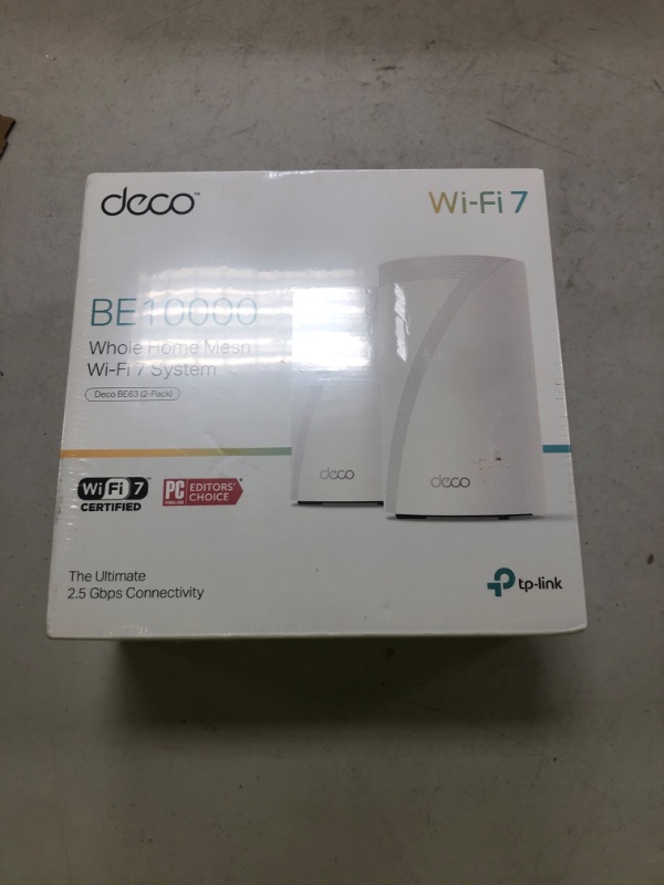 Photo 1 of TP-Link Deco BE63 Tri-Band WiFi 7 BE10000 Whole Home Mesh System- 6-Stream 10 Gbps, 4x2.5G Ports Wired Backhaul, 4X Smart Internal Antennas, VPN, MU-MIMO, HomeShield, Free Expert Support (2-Pack)