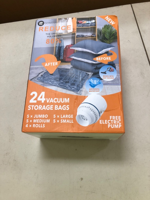 Photo 1 of 24 Pack Vacuum Storage Bags with Electric Pump, (5 Jumbo, 5 Large, 5 Medium, 5 Small, 4 Roll Up Bags) Space Saver Bag for Clothes, Mattress, Blanket, Duvets, Pillows, Comforters,Travel