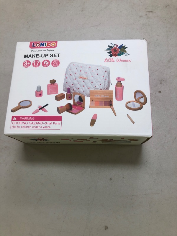 Photo 1 of Lonico Wooden Makeup Toy Set for Girls Pretend Play Makeup Kit for Toddlers 3-5 with Eyeshadow/ Mascara/ Perfume/ Blush/ Mirror/ Bag, Birthday Gifts for Girls Toys Kids Aged 3 4 5 6 7 8
