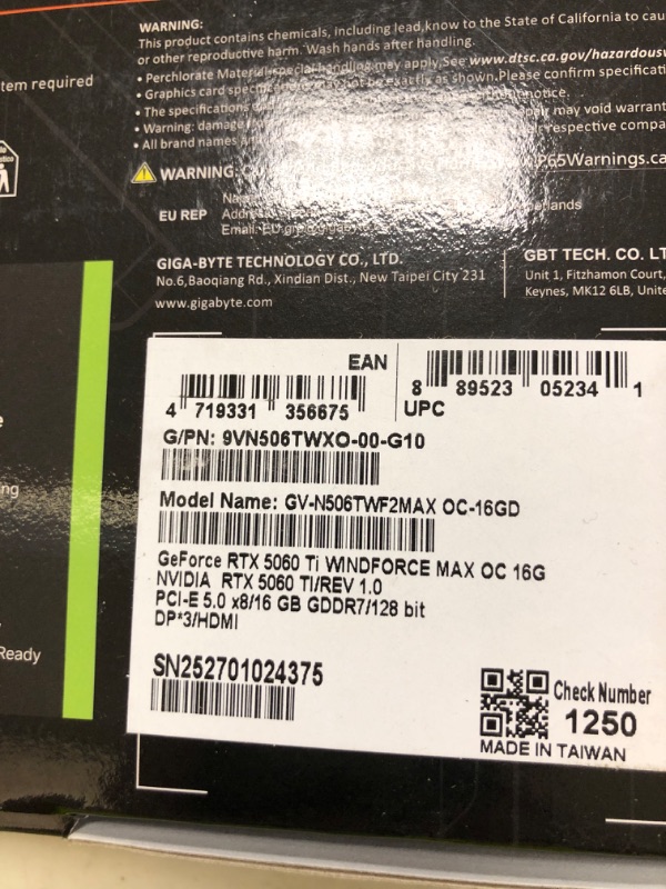Photo 1 of GIGABYTE GeForce RTX 5060 Ti WINDFORCE MAX OC 16G Graphics Card, 16GB 128-bit GDDR7, PCIe 5.0, WINDFORCE Cooling System, GV-N506TWF2MAX OC-16GD Video Card