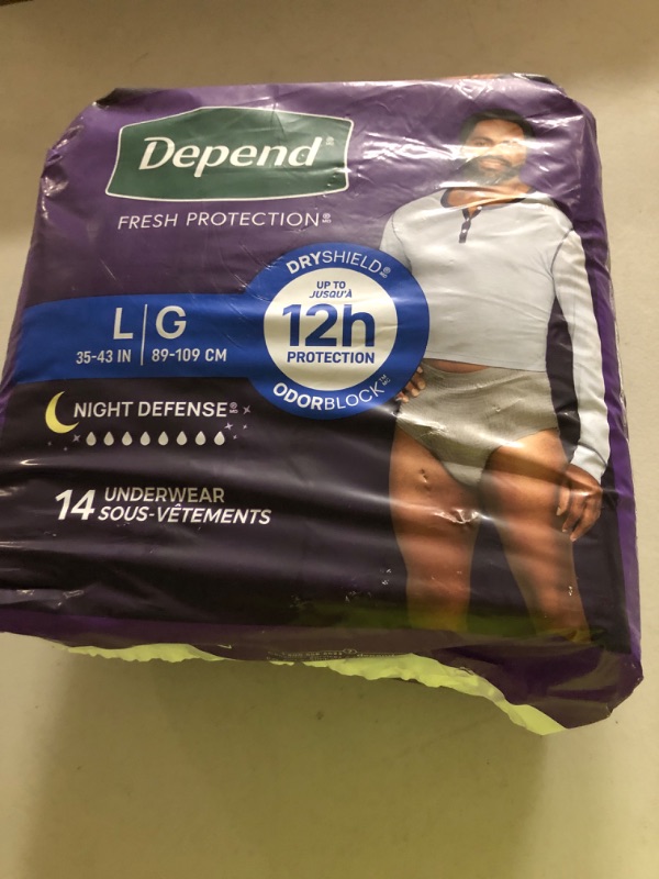 Photo 1 of Depend Night Defense Adult Diapers, Incontinence Underwear for Men, Disposable, Overnight, Large, Grey, 14 Count, Packaging May Vary