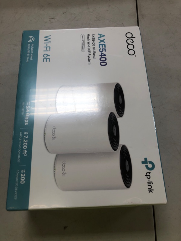 Photo 1 of TP-Link Deco XE75 AXE5400 Tri-Band WiFi 6E Mesh System - Wi-Fi up to 7200 Sq.Ft, Engadget Rated Best Mesh for Most People, Replaces WiFi Router and Extender, AI-Driven Mesh New 6GHz Band, 3-Pack