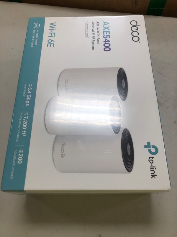 Photo 1 of TP-Link Deco XE75 AXE5400 Tri-Band WiFi 6E Mesh System - Wi-Fi up to 7200 Sq.Ft, Engadget Rated Best Mesh for Most People, Replaces WiFi Router and Extender, AI-Driven Mesh New 6GHz Band, 3-Pack