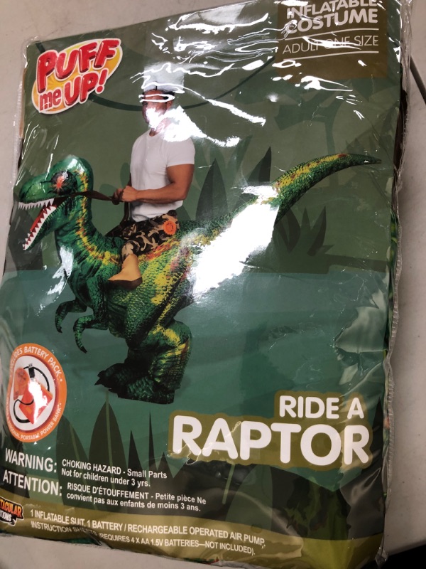 Photo 1 of Spooktacular Creations Adult Inflatable Dinosaur Costume, with LED Light Eyes Riding a Raptor, Green Digital Printing T-rex Air Blow-up Ride On Halloween Costume, X-Large(75In)