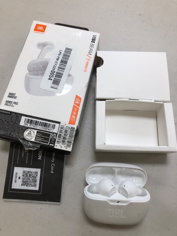 Photo 1 of JBL Vibe Beam - True Wireless JBL Deep Bass Sound Earbuds, Bluetooth 5.2, Water & Dust Resistant, Hands-free call with VoiceAware, Up to 32 hours of battery life (White)