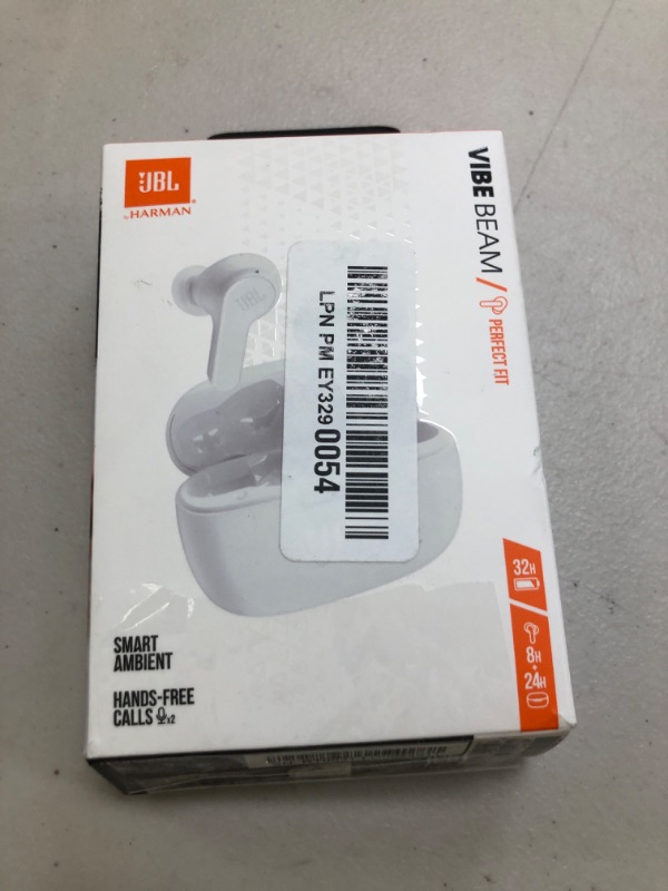 Photo 1 of JBL Vibe Beam - True Wireless JBL Deep Bass Sound Earbuds, Bluetooth 5.2, Water & Dust Resistant, Hands-free call with VoiceAware, Up to 32 hours of battery life (White)