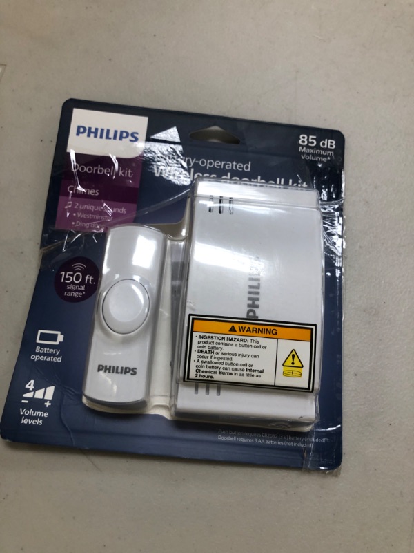 Photo 1 of Philips Wireless Doorbell Kit, Battery-Operated Reciever, 1 Push Button, 2 Melodies, 4 Volume Levels, 150 Ft Range, White, DES1120W/27