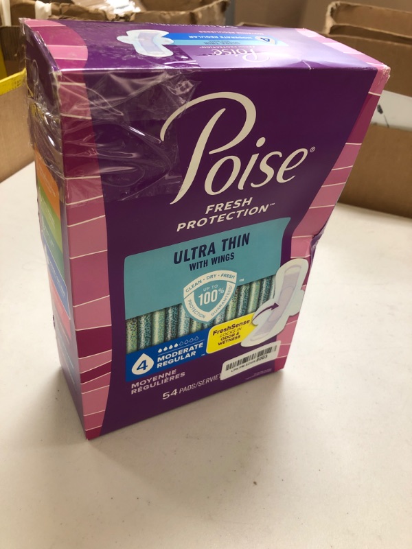 Photo 1 of Poise Ultra Thin Incontinence & Postpartum Pads with Wings for Bladder Leaks, 4 Drop Moderate Absorbency, Regular Length, 54 Count, Packaging May Vary