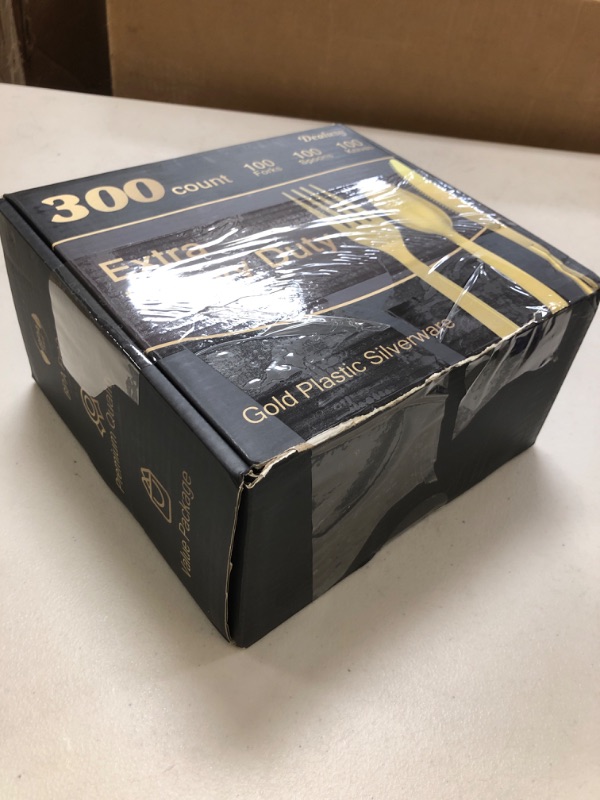 Photo 1 of Dealusy 300 Count Extra Heavy Duty Gold Plastic Silverware, 100 Forks, 100 Spoons, 100 Knives, BPA-Free, Heat Resistant, Disposable Plastic Utensils Set, Plastic Cutlery Set, Plasticware Bulk