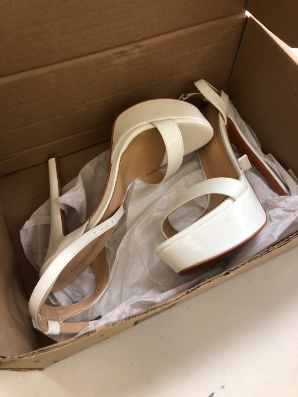 Photo 1 of onlymakerheels Platform Stiletto High Heels for Women, Peep Round Open Toe Ankle Strap Sexy Heeled Sandals for Wedding Party Dress White Size8