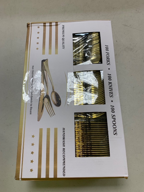 Photo 1 of N9R 300PCS Gold Plastic Silverware, Heavy Duty Gold Plastic Cutlery Set Disposable Flatware Dinnerware, 100 Forks, 100 Spoons, 100 Knives, Perfect for Party, Wedding and Daily Use