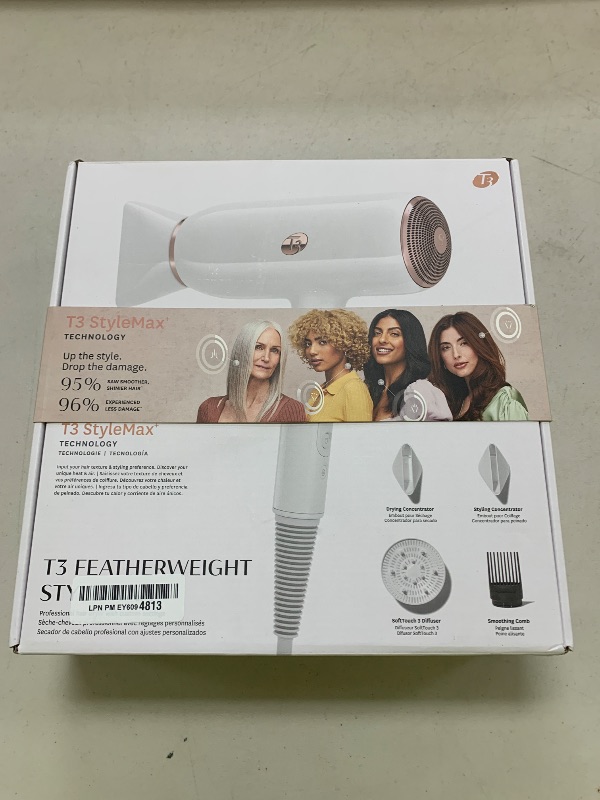Photo 1 of T3 Featherweight StyleMax Professional Ionic Hair Dryer with Custom Heat Automation & 4 Attachments, Fast Drying, Lightweight with 5 Heat & 3 Speed Settings, 2 Concentrators, Diffuser & Smoothing Comb