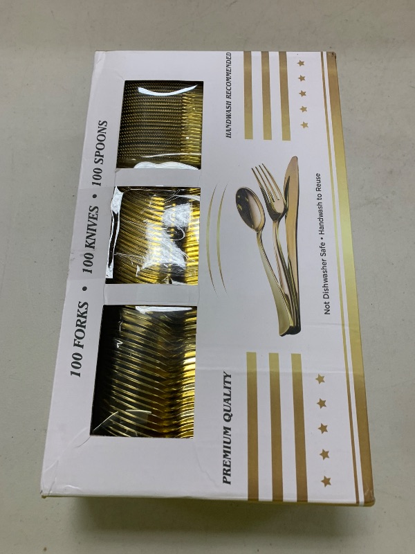 Photo 1 of N9R 300PCS Gold Plastic Silverware, Heavy Duty Gold Plastic Cutlery Set Disposable Flatware Dinnerware, 100 Forks, 100 Spoons, 100 Knives, Perfect for Party, Wedding and Daily Use