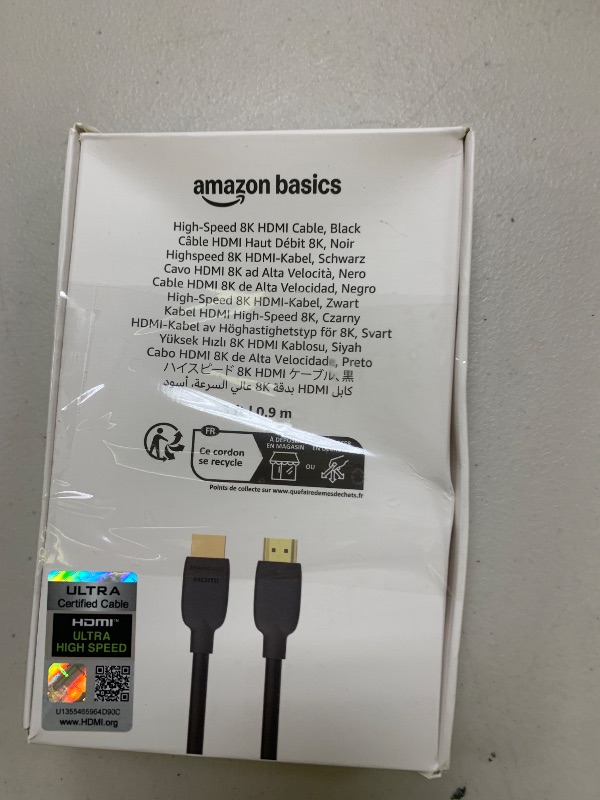 Photo 1 of Amazon Basics HDMI Cable, 3 Feet, HDMI 2.1 to HDMI Cable (48Gbps), 8K@60Hz 4K@120Hz Certified Ultra High Speed, Black, Compatible with PS5/Xbox/TV/Monitor
