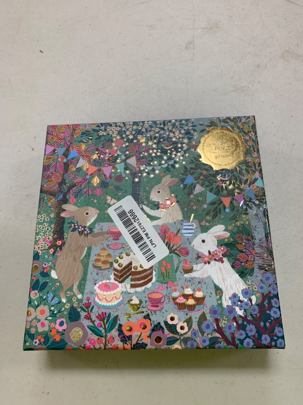 Photo 1 of Galison Spring Tea Party – 500 Piece Foil Jigsaw Puzzle Featuring Beautiful Artwork of Rabbits Enjoying A Tea Party
