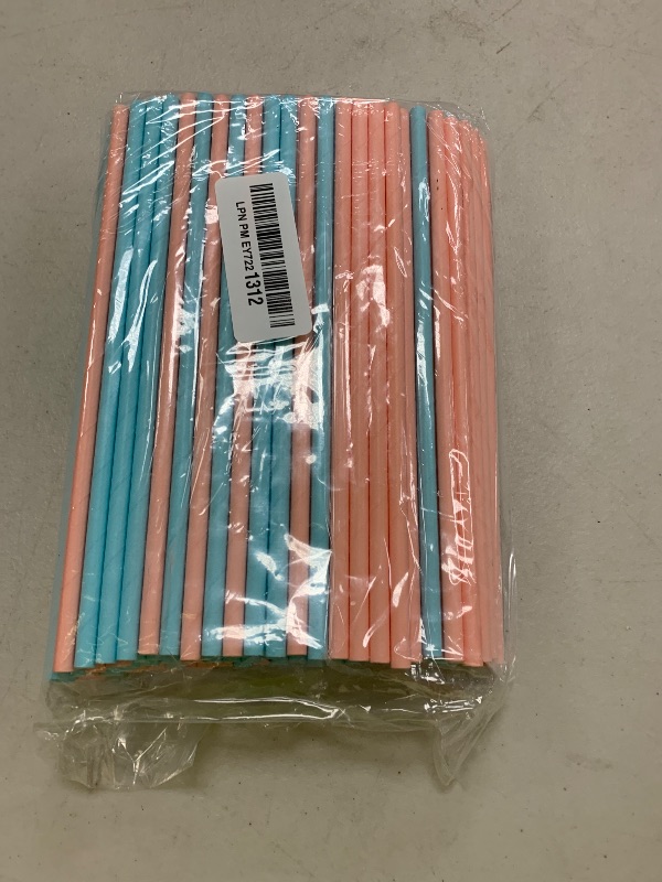 Photo 1 of 150-Pack Biodegradable Paper Straws - Blue and Pink Disposable Drinking kids Stand supplies accessories Sticks for Cake Pops in Holiday Celebrations Gender Party Decor favors Baby Shower