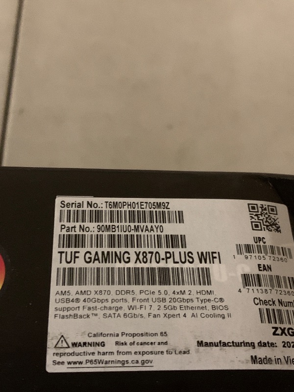 Photo 1 of *DAMAGED, SEE NOTES** ASUS TUF Gaming X870-PLUS WiFi AMD AM5 X870 ATX Motherboard, 16+2+1, 80A SPS Power Stages, DDR5, PCIe 5.0 Ready, Four M.2 Slots, Wi-Fi 7, 2.5Gb LAN, HDMI, USB4® 40Gbps, SATA 6 Gbps, USB 20Gbps Type-C