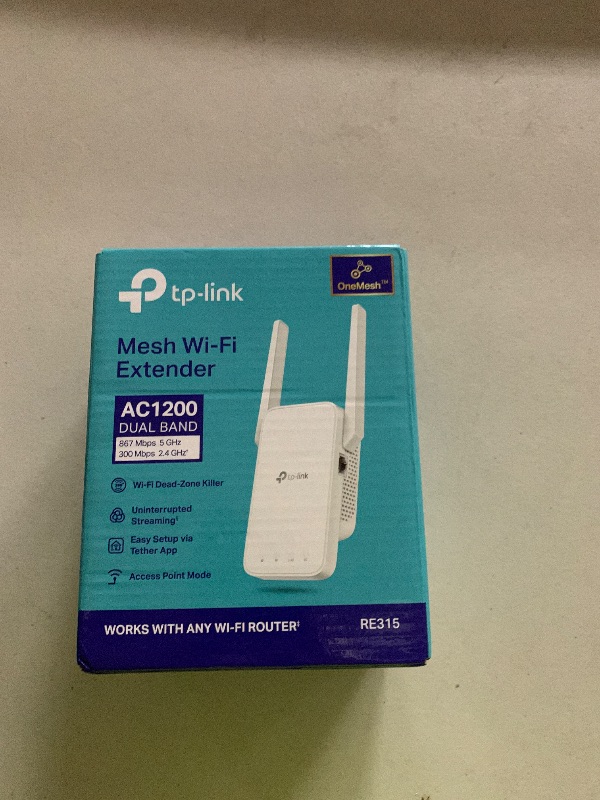 Photo 1 of TP-Link AC1200 WiFi Extender, 2025 Wirecutter Best WiFi Extender, 1.2Gbps Home Signal Booster, Dual Band 5GHz/2.4GHz, Up to 1600 Sq.ft and 32 Devices, EasyMesh Compatible, One Ethernet Port (RE315)
