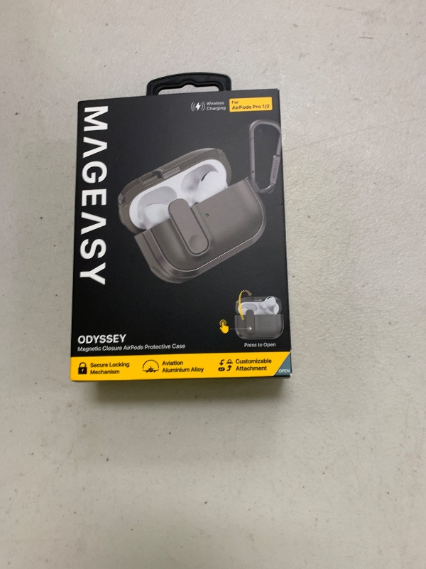 Photo 1 of MAGEASY Design for AirPods Pro 2 Case Cover - Rugged AirPods Pro Case with Lock | Work with Cable, Official Apple Watch & MagSafe Charging | Include Carabiner - Odyssey, Metal Green