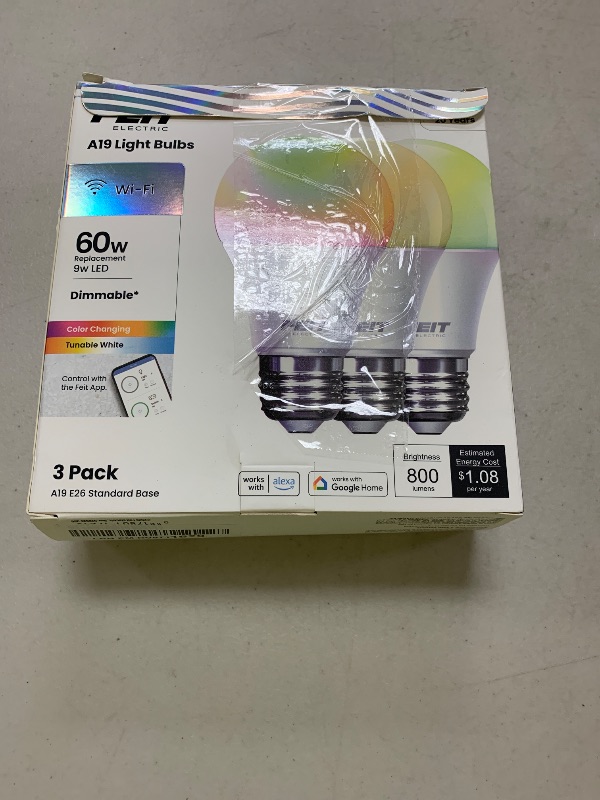 Photo 1 of Feit Electric Smart Light Bulbs with RGB Color Changing and Tunable White, 2.4Ghz WiFi Light Bulbs, No Hub Needed, Works with Alexa and Google, Dimmable 60 Watt = LED 9W, OM60/RGBW/CA/AG/3, 3 Pack