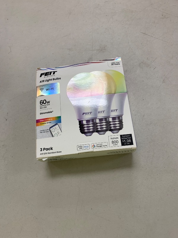 Photo 1 of Feit Electric Smart Light Bulbs with RGB Color Changing and Tunable White, 2.4Ghz WiFi Light Bulbs, No Hub Needed, Works with Alexa and Google, Dimmable 60 Watt = LED 9W, OM60/RGBW/CA/AG/3, 3 Pack