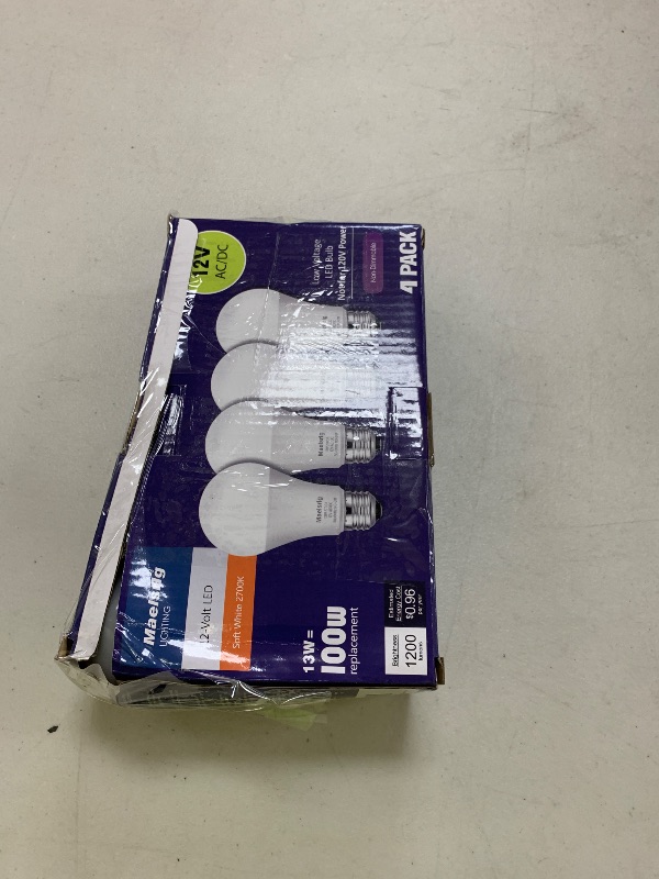 Photo 1 of LED 12V Light Bulb, 100W Equivalent, Soft White 2700K, 13W 1200 Lumens, 12 Volt AC/DC, Non-Dimmable, E26 Base, Low Voltage Light Bulbs for Boat, RV, Shed, Off Grid Cabin, and Solar Power, 4-Pack