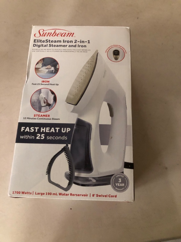 Photo 1 of Sunbeam EliteSteam 1700W Digital Steamer & Iron – Stainless Steel Soleplate, 200ml Water Tank, Variable Steam, Quick 20s Heat-Up, 3-Year Limited Warranty – Ideal for Wrinkles & Upholstery
