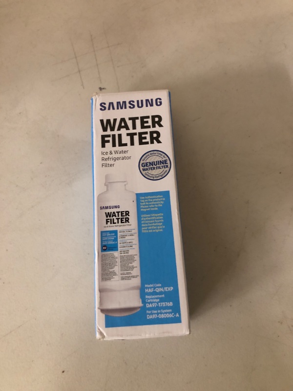 Photo 1 of SAMSUNG Genuine Filter for Refrigerator Water and Ice, Carbon Block Filtration, Reduces 99% of Harmful Contaminants for Clean, Clear Drinking Water, 6-Month Life, HAF-QIN/EXP, 1 Pack