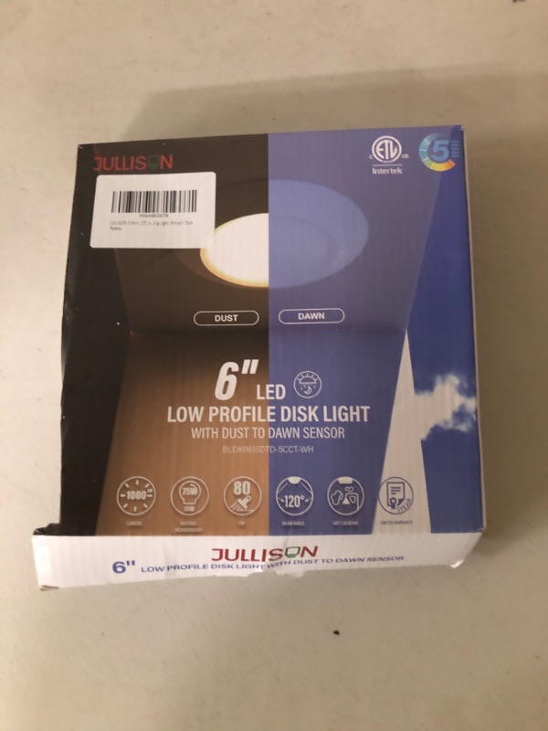 Photo 1 of JULLISON 6 Inch LED Low Profile Disk Light with Dust to Dawn Sensor, 120VAC, 15W, 5CCT Color Changing, 1000LM, Non-Dimmable, ETL, Shower Rated Screw in Photocell Ceiling Light, White/1 Pack