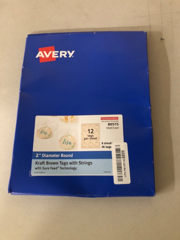 Photo 1 of Avery Kraft Brown Round Tags, Sure Feed Technology, 2" Diameter, Printable on Both Sides, Includes Strings, 96 Total (80515)
