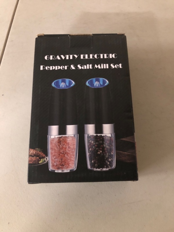 Photo 1 of XinXu Gravity Electric Pepper and Salt Grinder Set, Adjustable Coarseness, Battery Powered with LED Light, One Hand Automatic Operation, Black -2 Pack