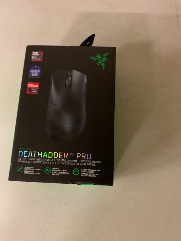 Photo 1 of Razer DeathAdder V3 Pro Gaming Mouse: 63g Ultra Lightweight - Focus Pro 30K Optical Sensor - Fast Optical Switches Gen-3 - HyperSpeed Wireless - 5 Programmable Buttons - 90 Hr Battery - Black