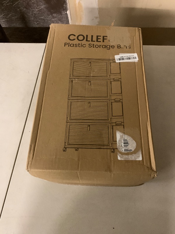 Photo 1 of COLLEFUN Storage Bins with Lids,4 Tier Stackable Storage Bins with Drawers,4 Pack Collapsible Plastic Storage Boxes with Wheel-1 Lid,23QT Foldable Containers for Closet Living Room Bedroom Office.