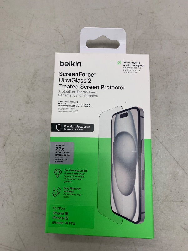 Photo 1 of Belkin ScreenForce UltraGlass 2 Treated Screen Protector for iPhone 16, 15, & 14 Pro - Scratch-Resistant, 9H Hardness Tested Glass w/Slim Design & Easy Align Tray for Bubble-Free Application