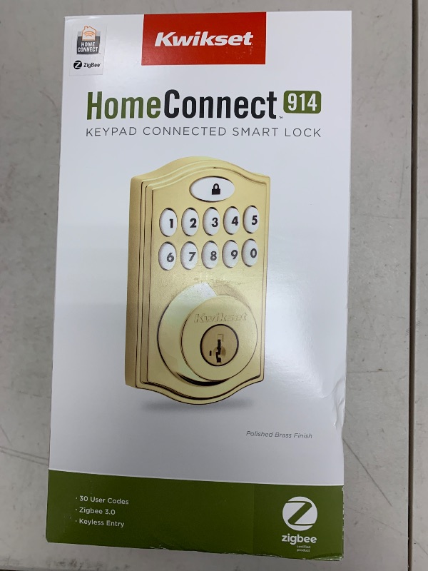 Photo 1 of Kwikset 914 Traditional Keypad SmartCode Electronic Deadbolt Smart Lock featuring SmartKey Security and ZigBee 3.0 Technology in Polished Brass