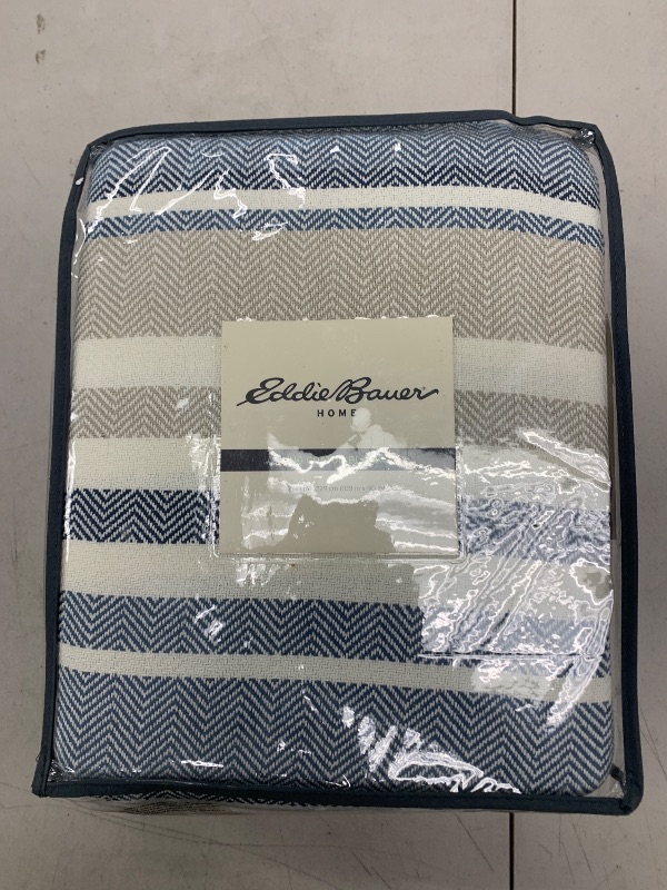 Photo 1 of Eddie Bauer - King Blanket, Lightweight Cotton Bedding, Luxurious Bedding Set (Herringbone Blue Stripe, King)