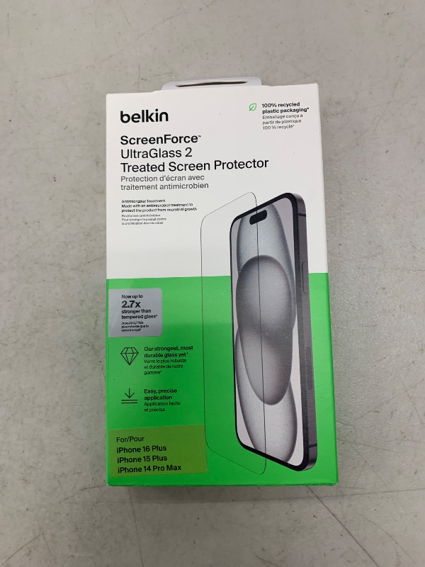 Photo 1 of Belkin ScreenForce UltraGlass 2 Treated Screen Protector for iPhone 16 Plus, 15 Plus, & 14 Pro Max - Slim & Scratch-Resistant, 9H Hardness w/Slim Design & Easy Align Tray for Bubble-Free Application