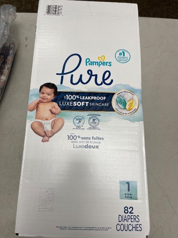 Photo 1 of Pampers Pure Protection Baby Diapers, Size 1 (8-14 lbs), 82 Count, Up to 100% Leakproof, Premium Plant-based Skin Protection, Hypoallergenic Soft Diapers