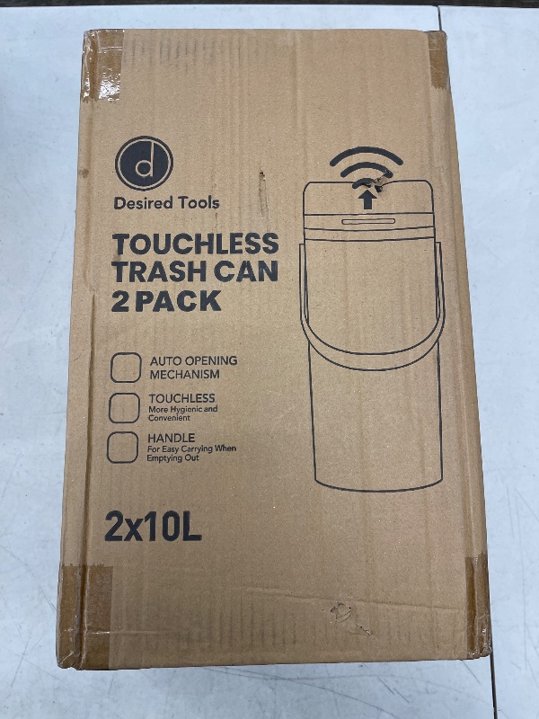 Photo 1 of desired tools 2 Pack Touchless Trash Can with Lid and Handle - 2.6 Gallon Waterproof Motion Sensor Garbage Can - Small Trash Bin for Kitchen, Bathroom, Office - 10L Gallon Capacity Garbage Bin, White
