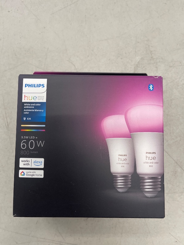 Photo 1 of Philips Hue Smart 60W A19 LED Bulb - White and Color Ambiance Color-Changing Light - 2 Pack - 800LM - E26 - Indoor - Control with Hue App - Works with Alexa, Google Assistant and Apple Homekit